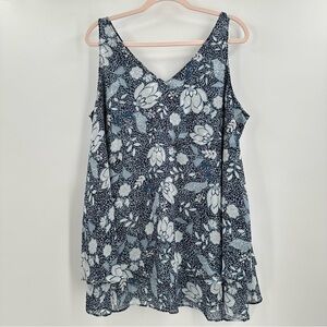 Lane Bryant Swing Blue/White Floral Sleeveless V-Neck Tiered Top Size 18Long